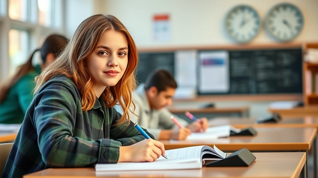 Student taking exam at desk with clock in background, calm focused expression, natural lighting, academic setting