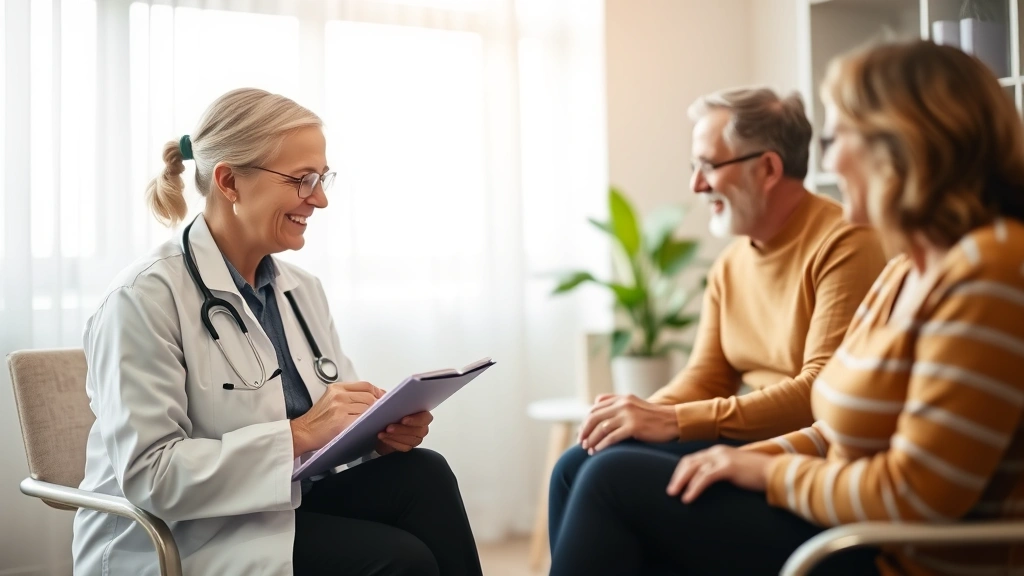Healthcare provider writing notes during patient consultation, professional office environment, warm lighting, supportive int
