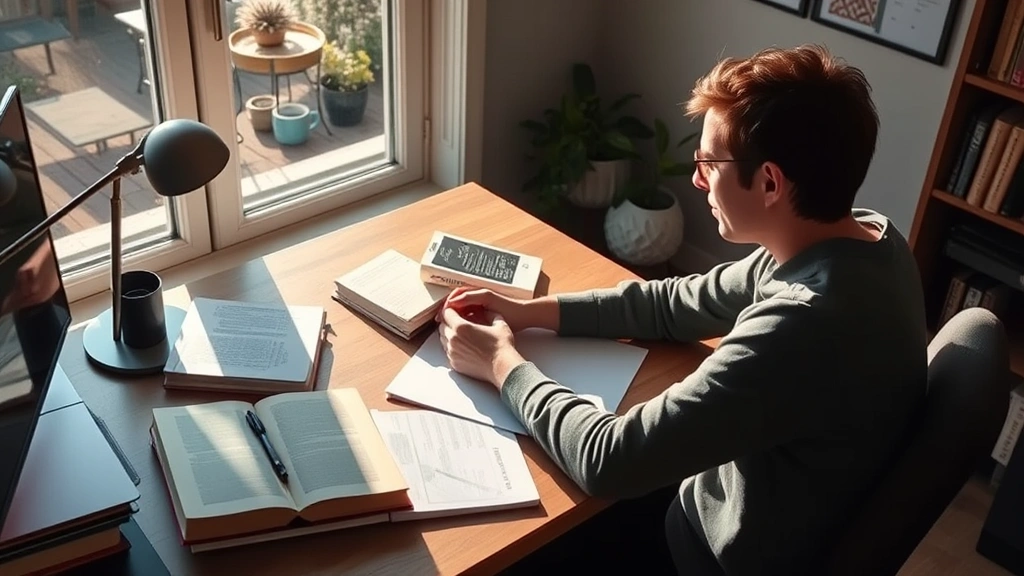 Person studying with books and notes spread out, comfortable posture at desk, morning sunlight through window, peaceful works