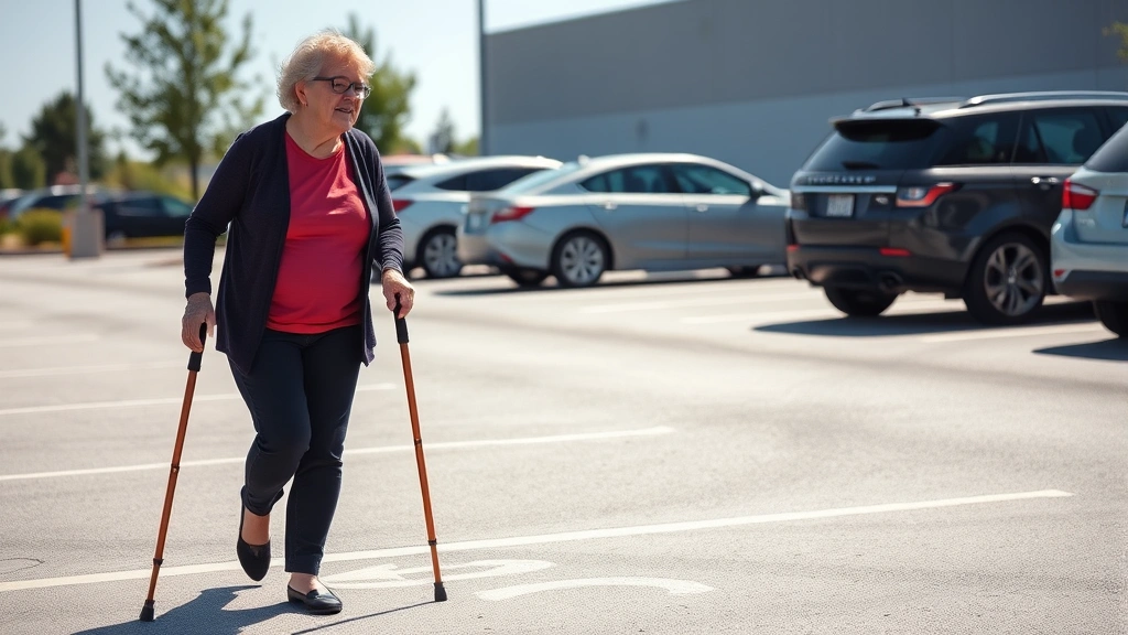 Middle aged woman with cane walking slowly through parking lot on sunny day, showing mobility difficulty and need for accessi