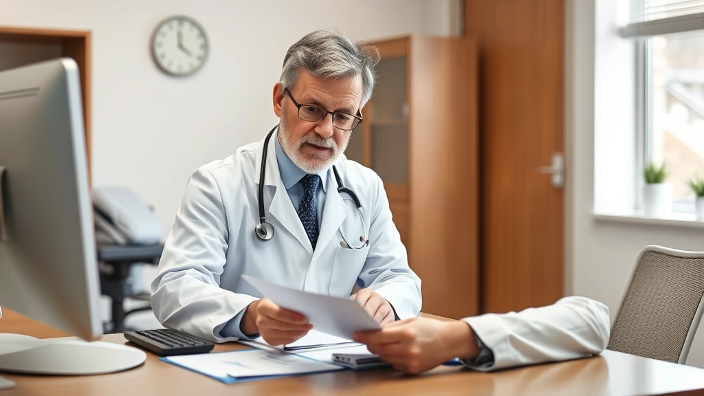 Mature male doctor in white coat reviewing medical forms and patient documentation at desk in clinic office, discussing acces