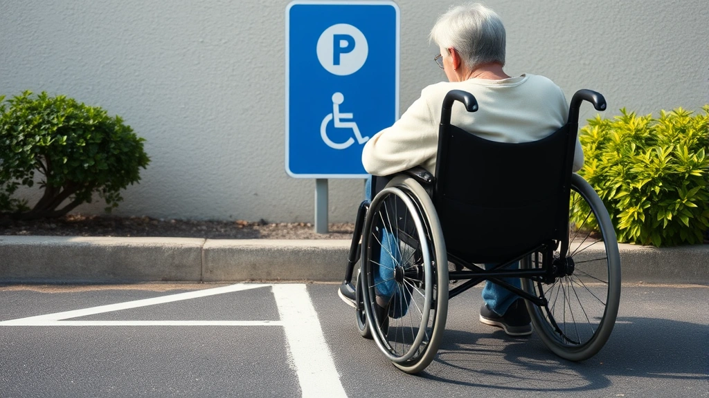 Elderly person in wheelchair being helped by caregiver near accessible parking space marked with blue wheelchair symbol, show