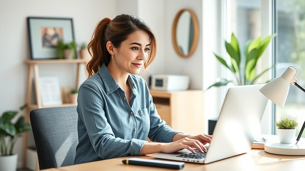Woman working at home desk with laptop in bright natural light, looking focused and healthy, comfortable home office environm
