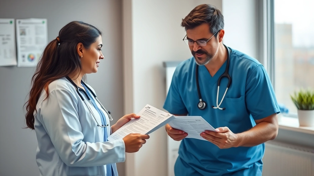 Healthcare provider in professional setting discussing medical documentation with patient, supportive clinical atmosphere