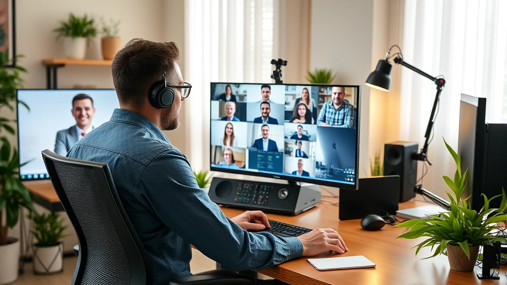 Person in home office during video call with colleagues, professional remote work setup with computer and office equipment
