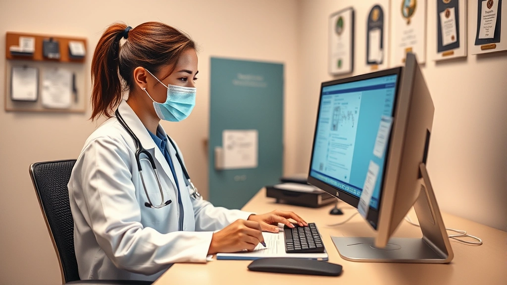 Healthcare provider in clinic office writing medical documentation on computer, professional setting with medical credentials