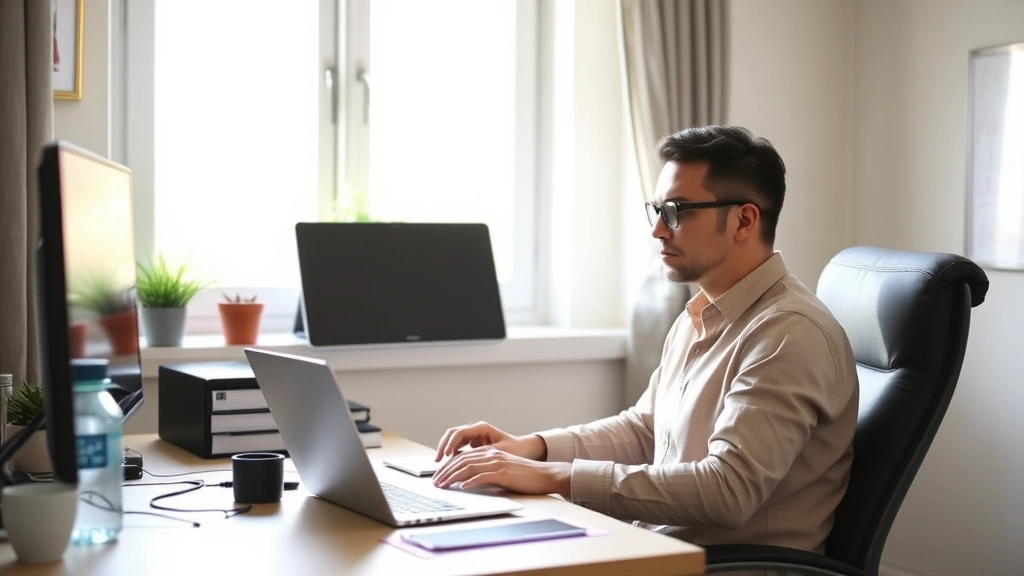 Diverse employee working from home at desk with laptop, appearing focused and comfortable, natural daylight from window, well