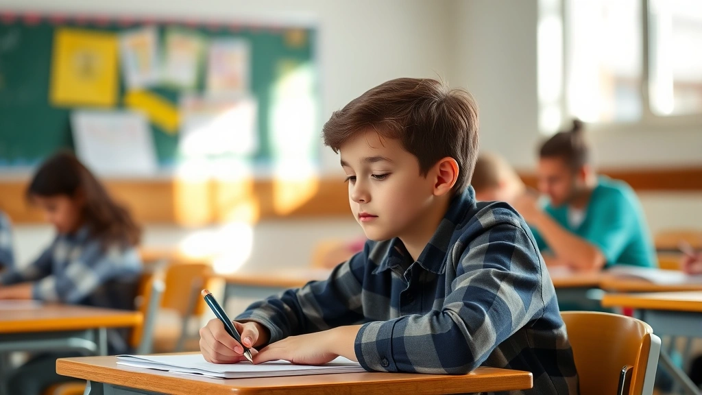 Student sitting at desk during academic test with focused expression and relaxed posture, bright classroom lighting, natural
