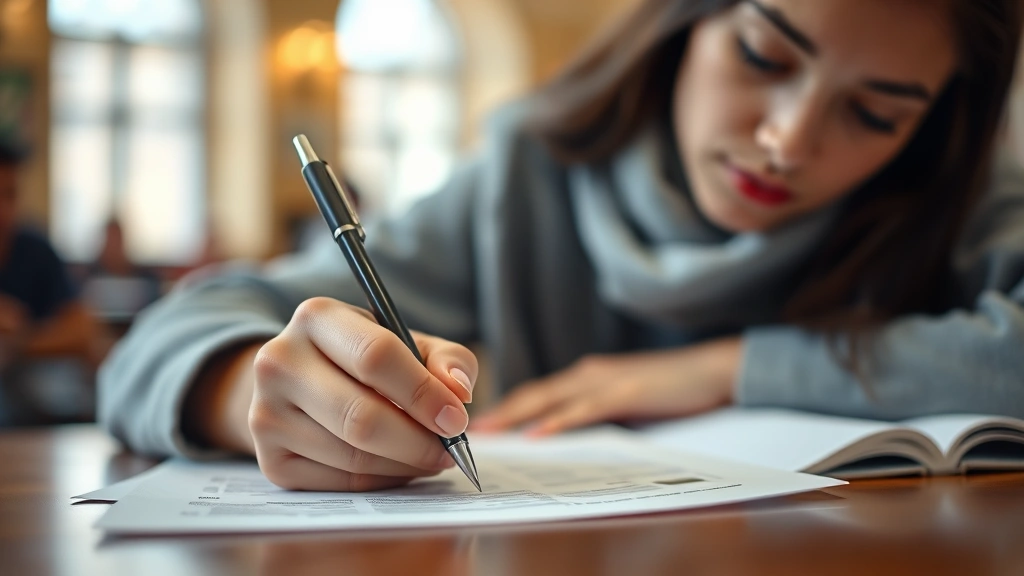 Close-up of student taking written exam with pen in hand, papers on desk, calm concentration expression, warm indoor lighting