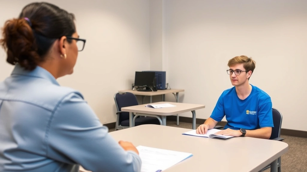Student in testing center with proctor present, seated at individual desk with exam materials, quiet professional testing roo