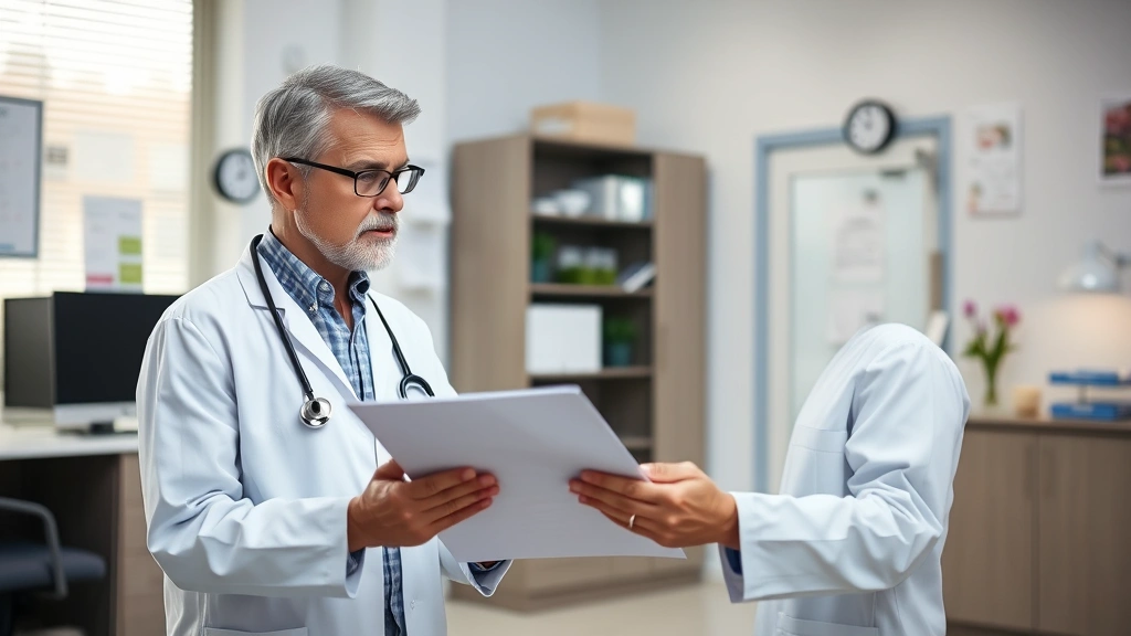 healthcare provider in white coat reviewing patient medical records in clinical office setting with warm lighting