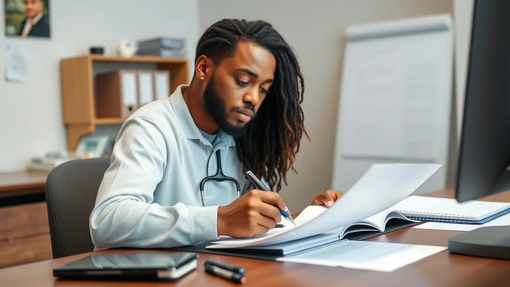 diverse patient sitting at desk reviewing important medical documents with pen in hand looking focused