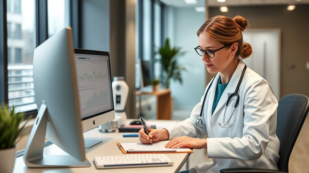 female doctor in professional attire writing detailed clinical notes at computer workstation in modern medical office