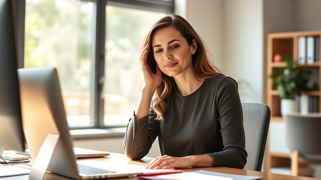 Woman at desk taking brief break, looking relieved, natural office lighting, warm supportive atmosphere
