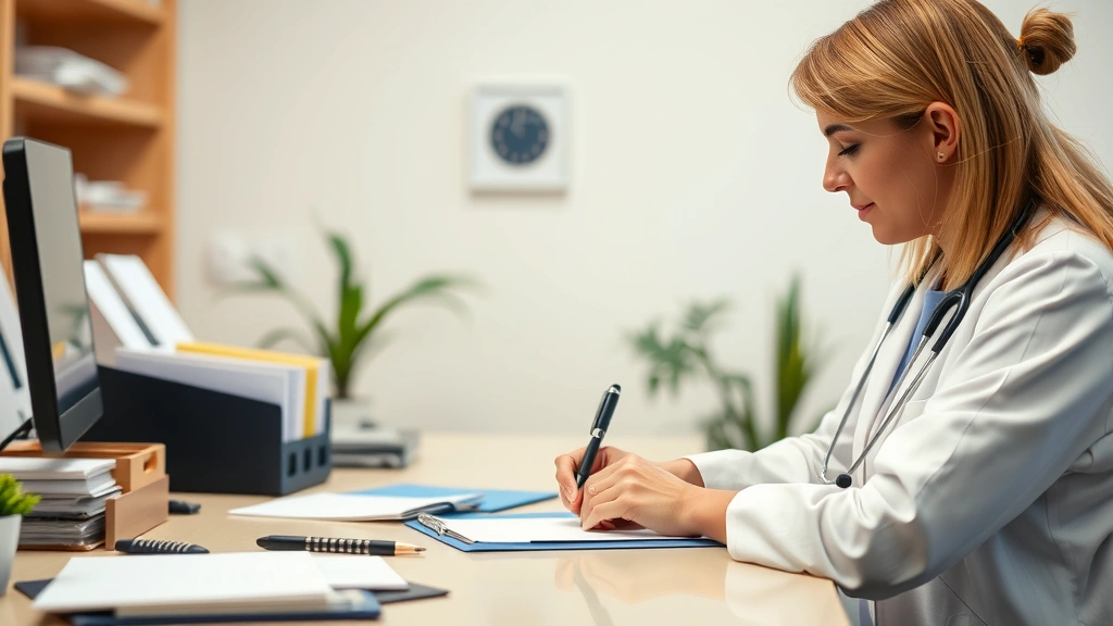 Healthcare provider writing notes at desk with patient file, professional medical setting, compassionate care environment