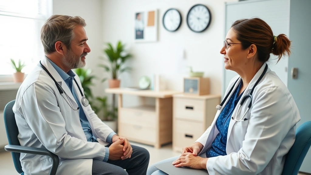 Person in medical appointment discussing accommodation needs with doctor, collaborative conversation, healthcare office backg