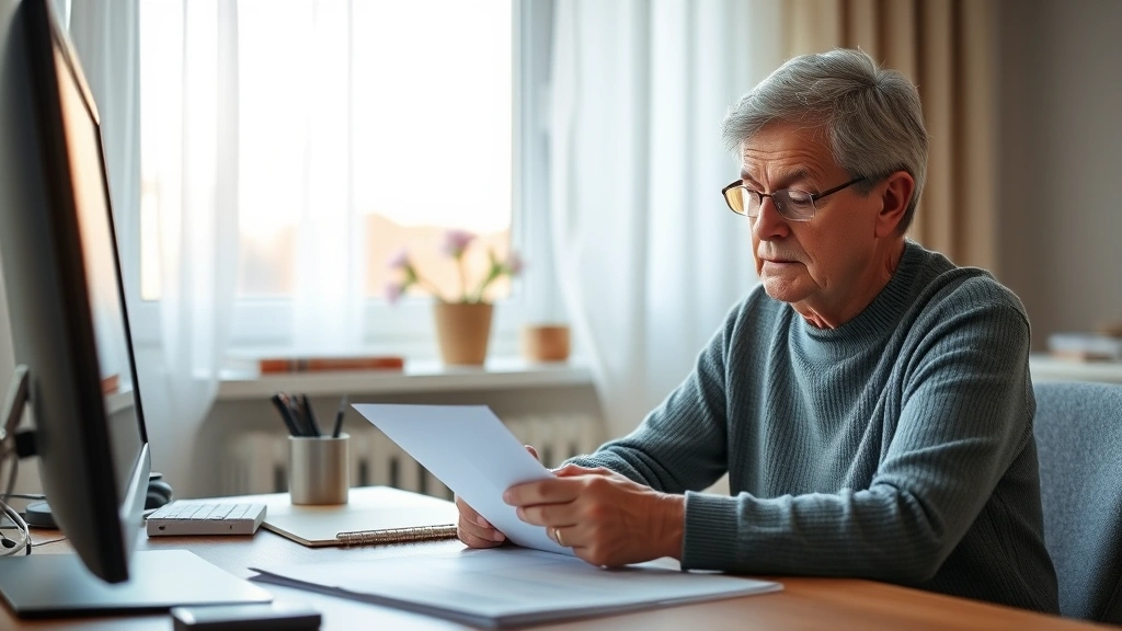 Person with chronic illness at home desk reviewing legal documents with supportive expression, natural lighting