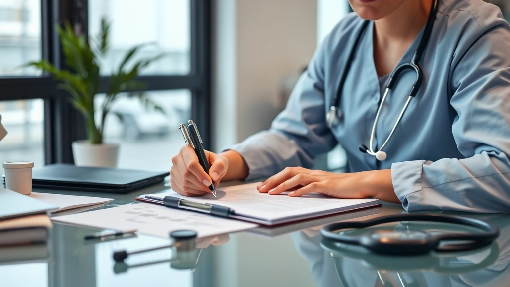 Healthcare provider writing medical documentation at office desk with stethoscope and professional setting