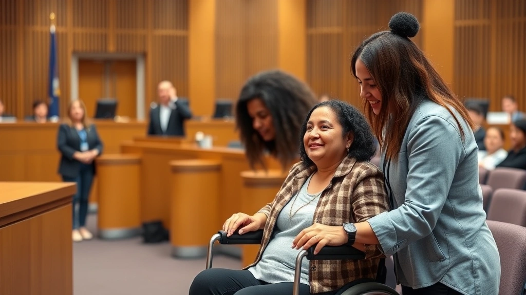 Diverse individual with mobility aid in accessible courtroom environment with supportive staff present