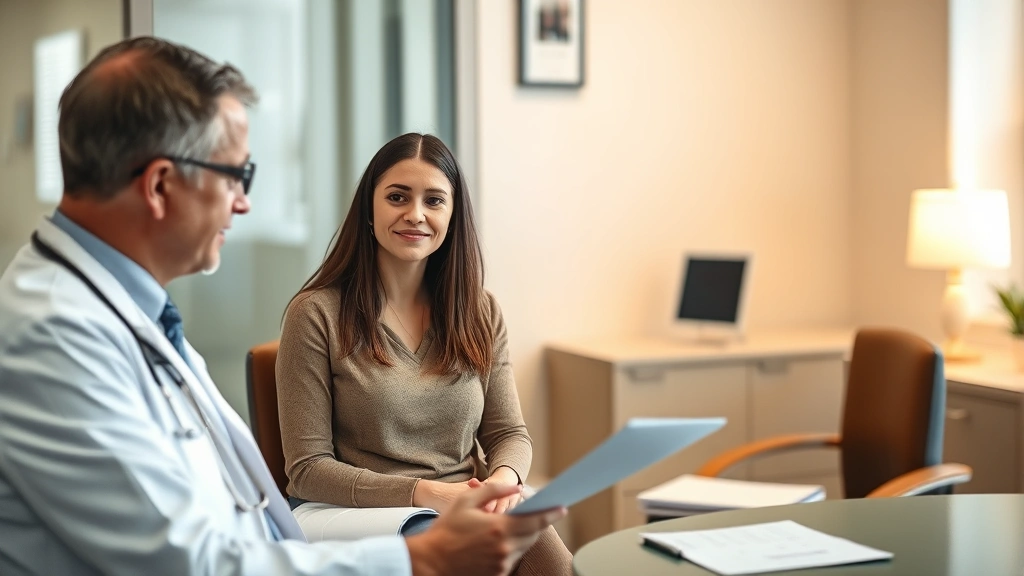 Female patient sitting in doctor's office during consultation with male physician discussing medical documents on desk, warm