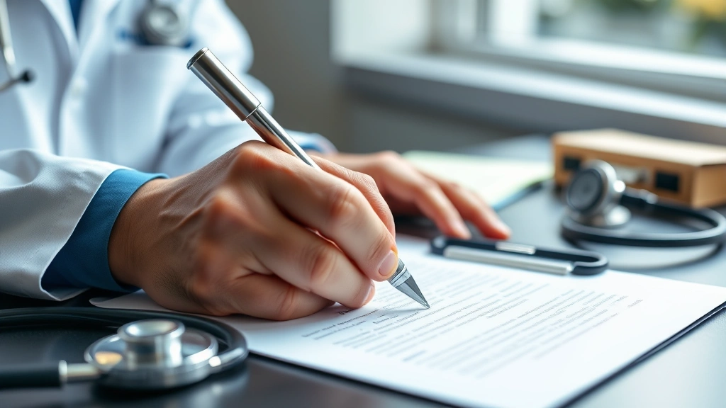 Close-up of doctor's hands writing on official medical letterhead at desk with stethoscope and clipboard nearby, natural dayl