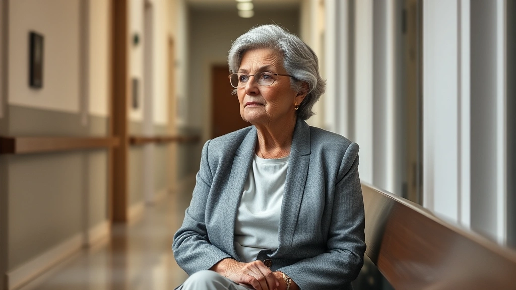 Older woman with gray hair sitting in courthouse hallway on bench looking thoughtful, neutral background, natural lighting, r