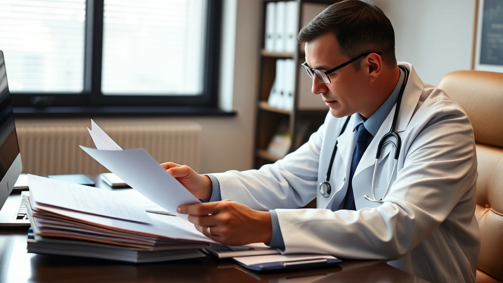 Doctor in white coat reviewing medical documents at desk with stethoscope and patient file