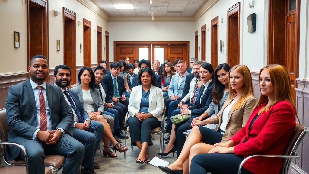 Diverse group of people in professional attire sitting in courthouse hallway waiting area with natural light