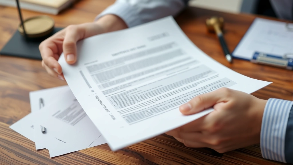Close-up of hands holding official legal document with medical records on wooden desk surface