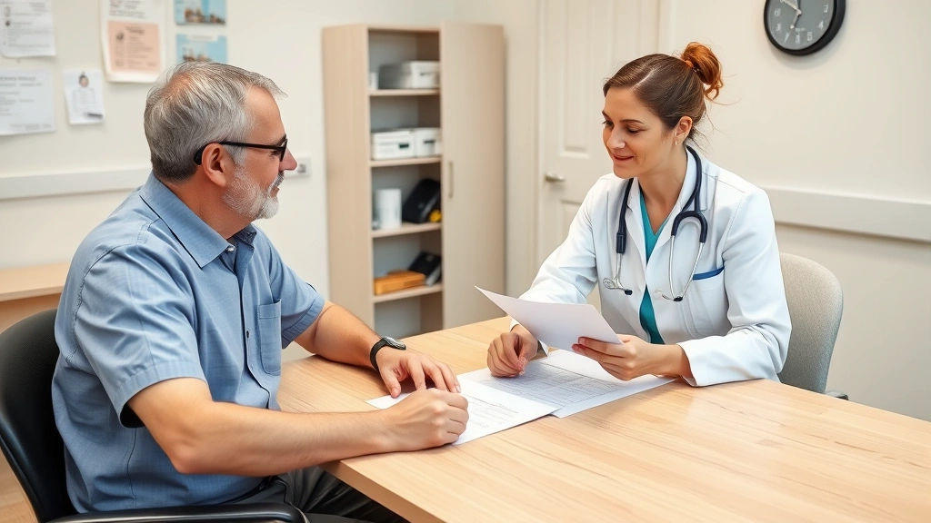 A middle-aged person sitting at a desk with a healthcare provider across from them during a medical consultation, both review