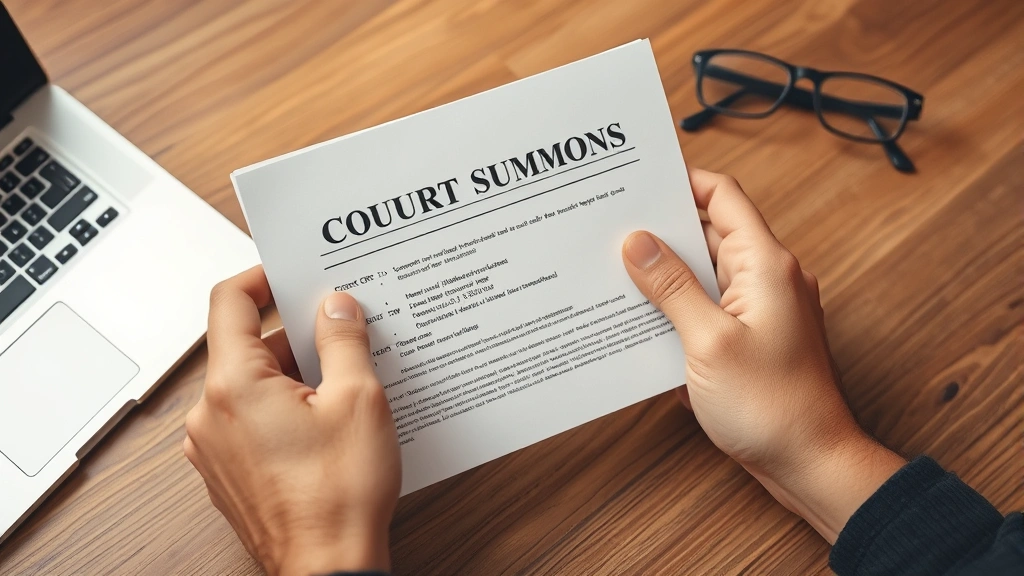 A close-up of hands holding an official court summons document on a wooden table with a laptop and glasses nearby