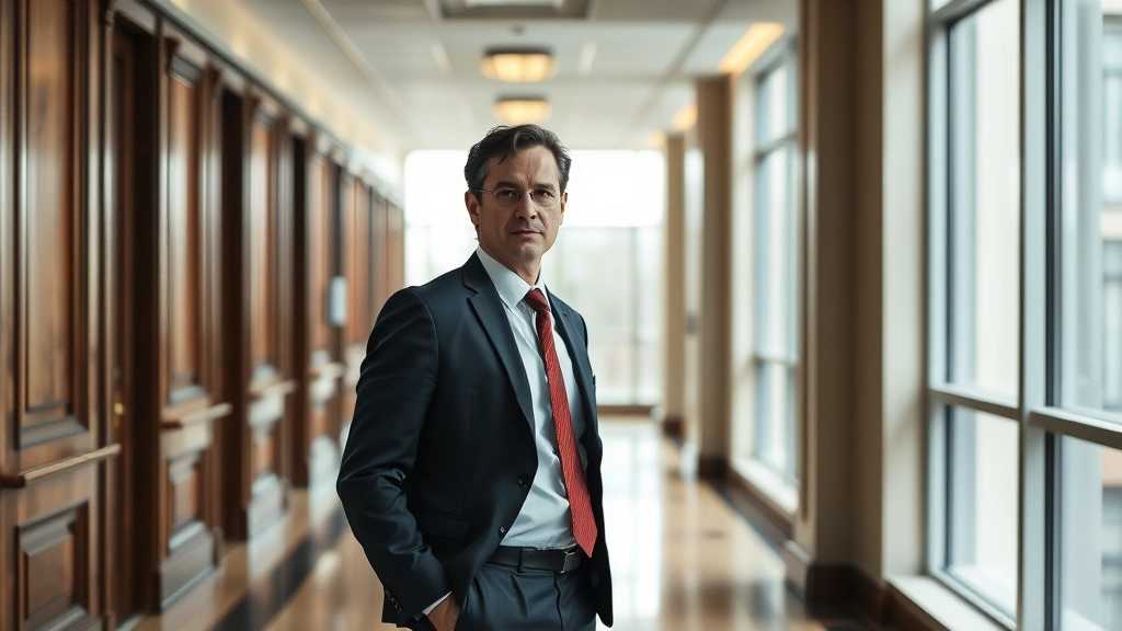 A person in professional attire standing in a courthouse hallway with natural light from large windows, looking calm and prep