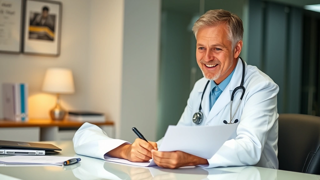 Mature physician in white coat with stethoscope writing medical letter at desk with patient file, professional office setting