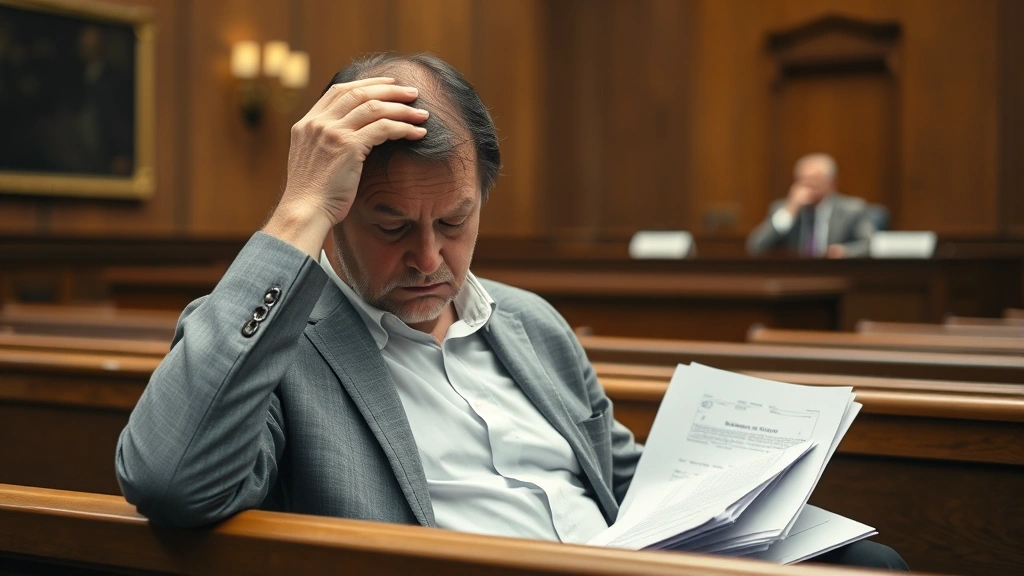 Person with visible fatigue sitting in courtroom pew, hand to forehead, medical documents on lap, concerned judge in backgrou