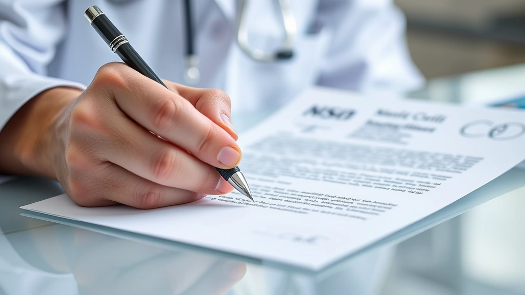 Healthcare provider signing official medical documentation with fountain pen, official letterhead visible, professional clini
