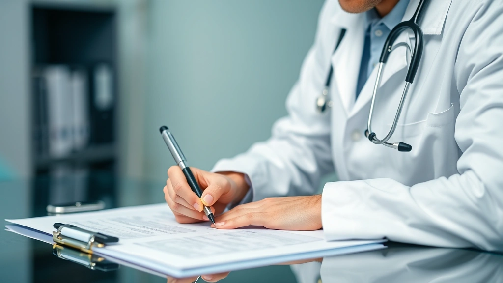 Doctor in white coat writing medical documentation at desk with stethoscope and patient file visible