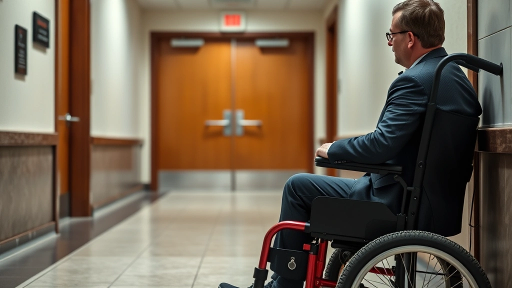 Person with mobility device sitting in courthouse hallway near courtroom doors with professional attire