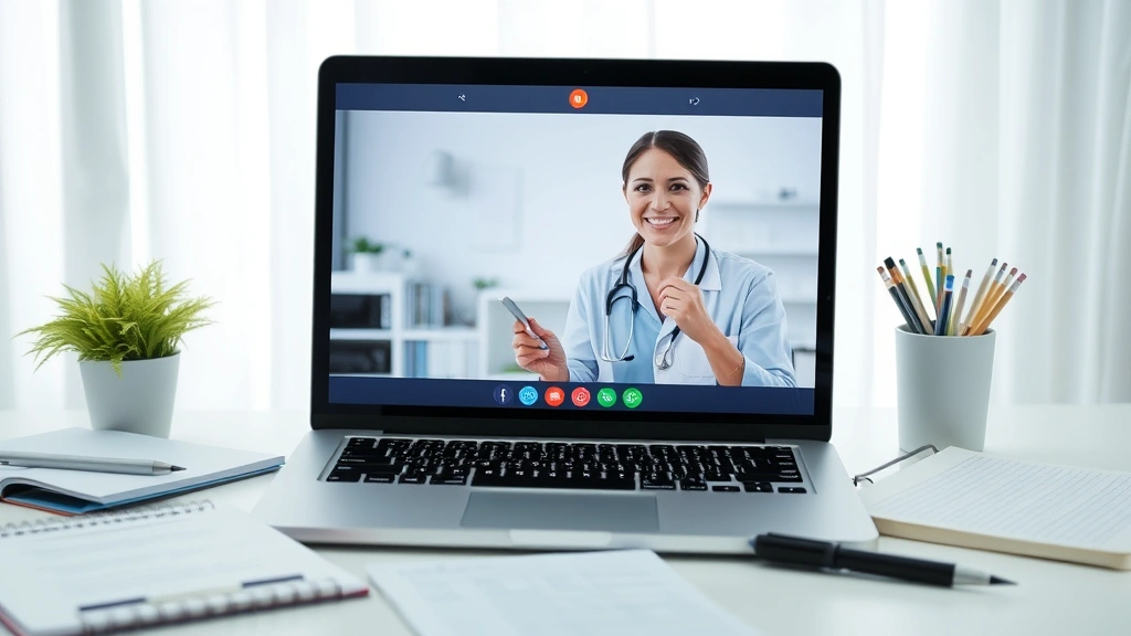 Healthcare provider conducting telehealth consultation on laptop with medical records and notes on desk