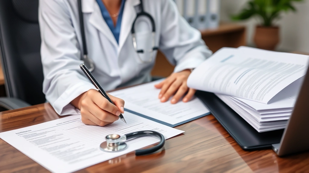 Healthcare provider writing medical documentation at desk with stethoscope and patient file, professional office setting