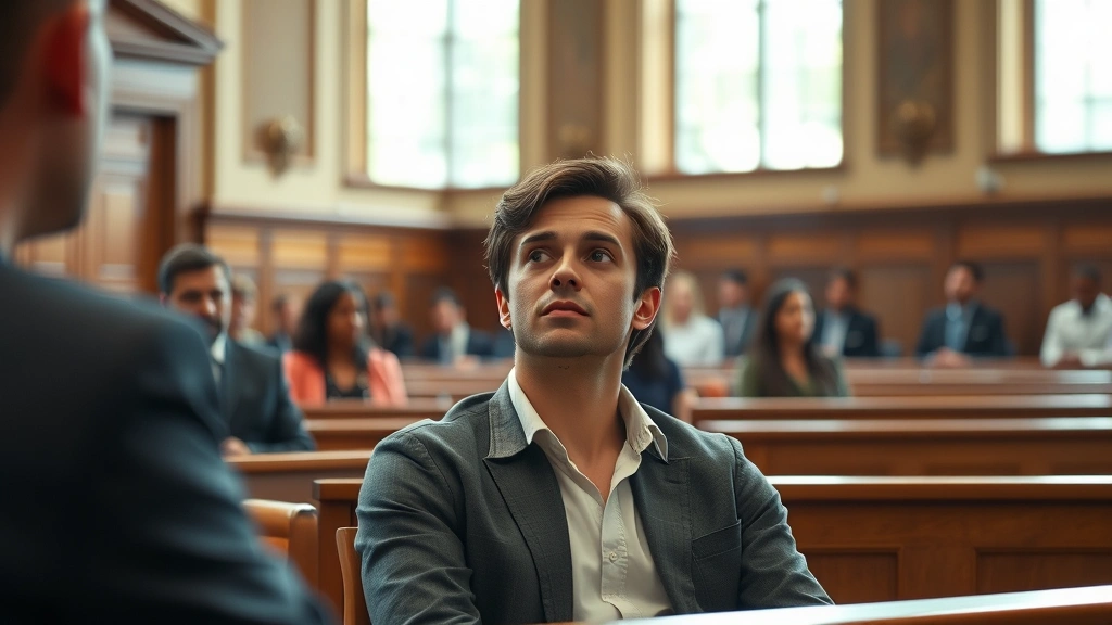 Person sitting in courtroom gallery, concerned expression, natural daylight through windows, realistic courtroom environment