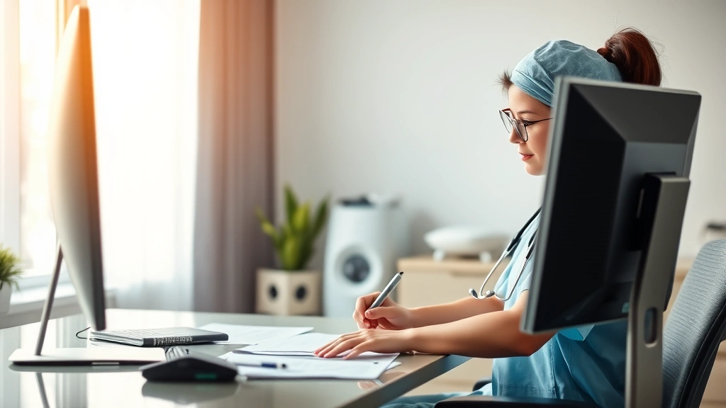 A healthcare professional in medical attire sitting at a desk with a computer, writing a medical document, warm office lighti
