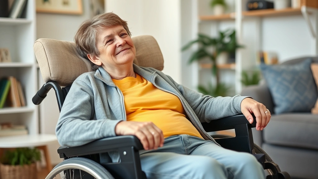 A person with mobility aids sitting in a comfortable chair with proper support, looking relieved and relaxed in a home settin