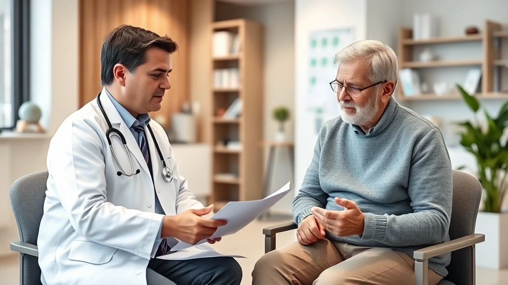 A calm patient having a consultation with a doctor in a modern medical office, both looking at documents together, supportive
