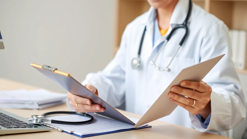 Doctor in white coat holding medical clipboard reviewing patient documentation at desk with stethoscope