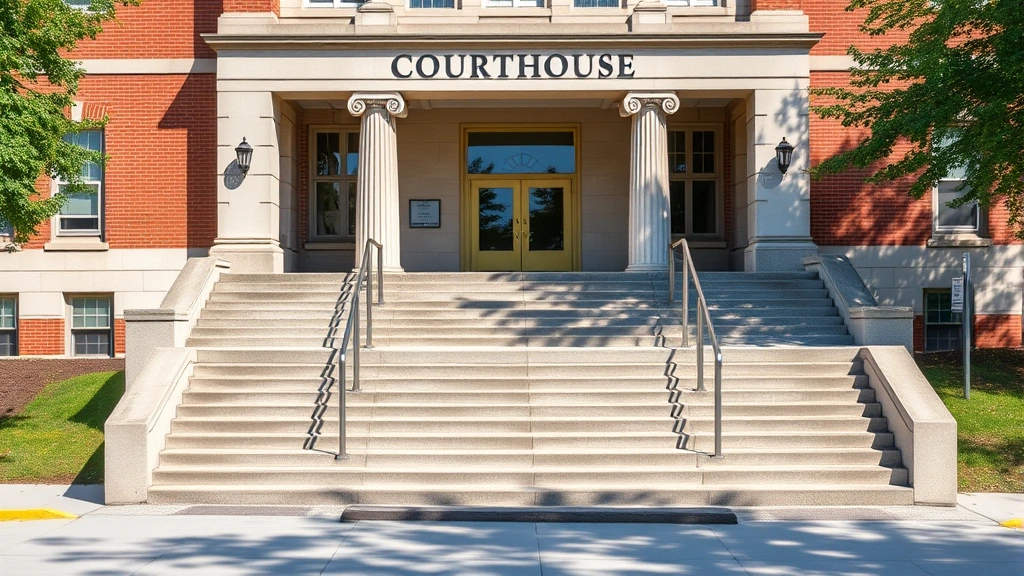 Courthouse steps exterior with accessible ramp and entrance on sunny day