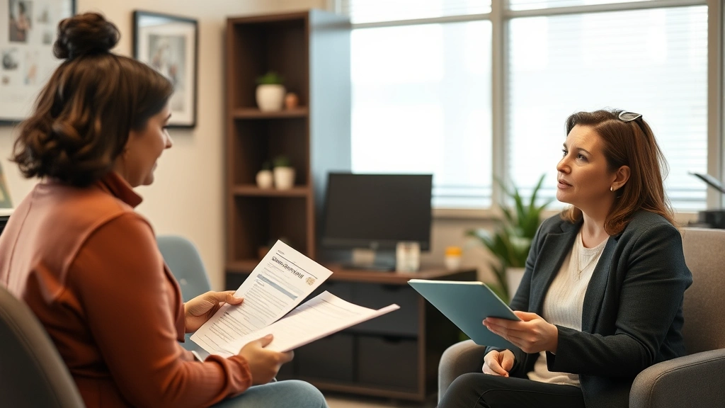 Diverse person in professional office setting meeting with healthcare provider, discussing medical documents, warm lighting,