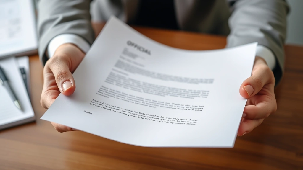 Close-up of hands holding official medical letter with letterhead visible, wooden desk background, professional presentation