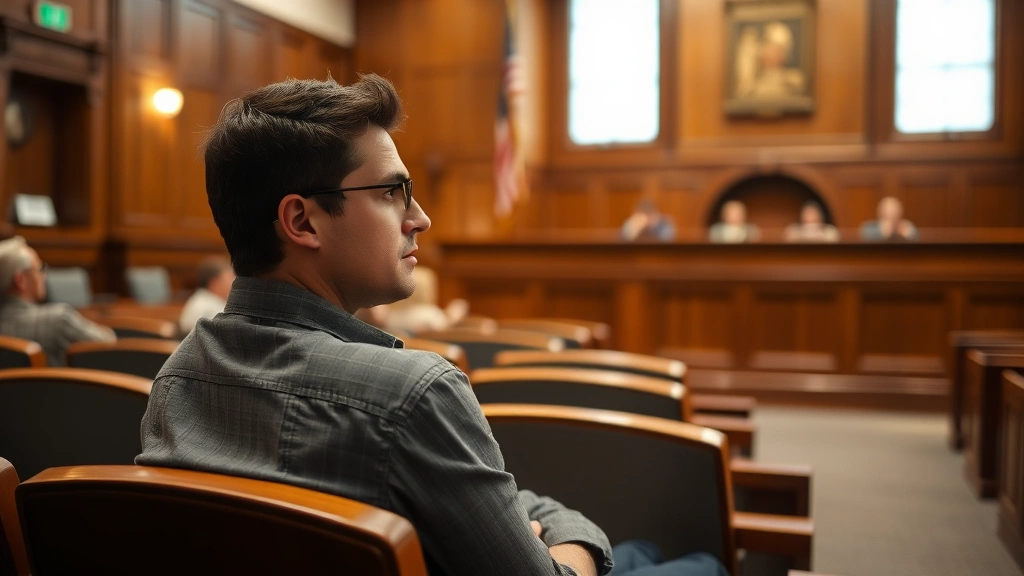 Person sitting in courtroom gallery seats looking thoughtful, natural courtroom lighting, empty jury box visible in backgroun