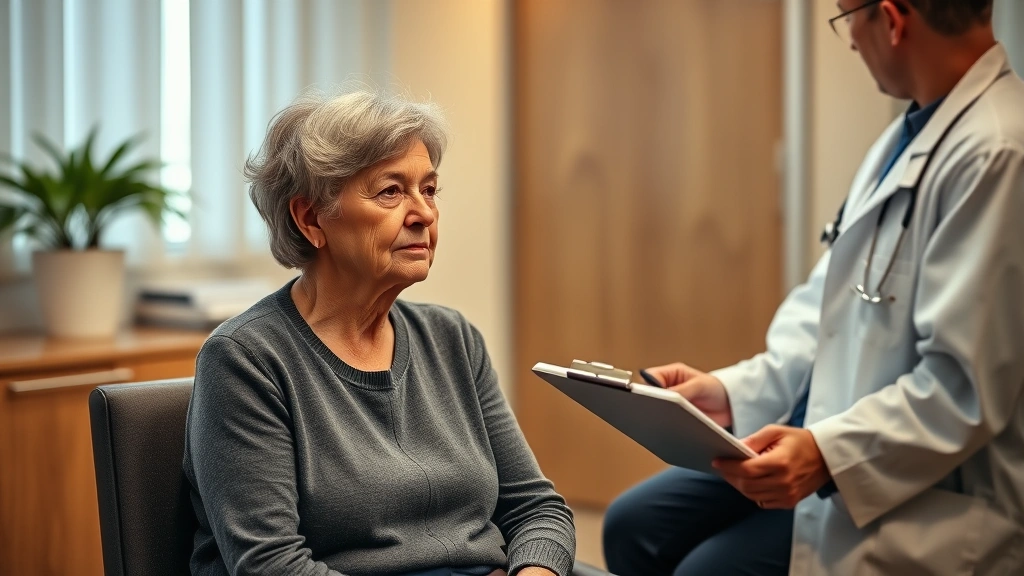 Middle-aged woman with gray hair sitting in doctor's office during consultation, doctor in white coat taking notes on clipboa