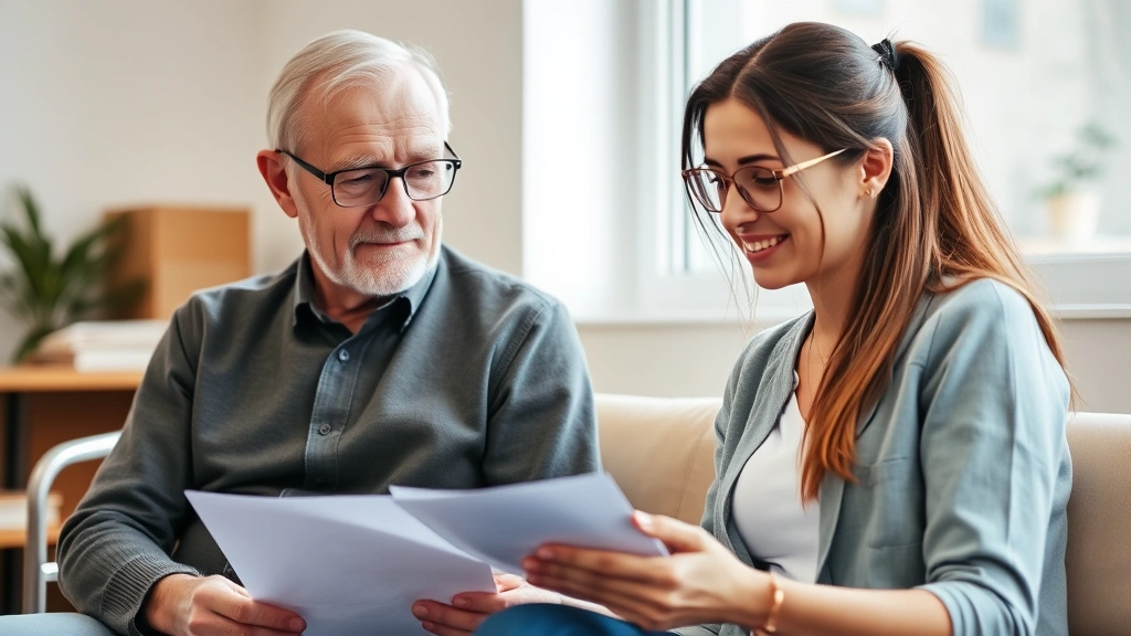 Older man with glasses and younger woman sitting together in medical waiting room, both looking at documents, natural window